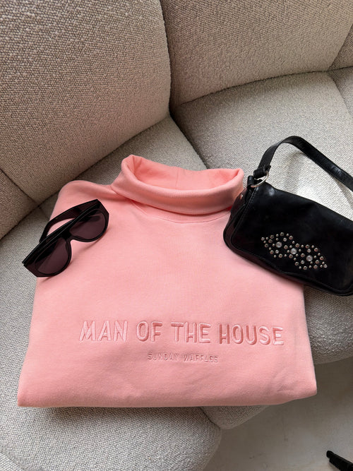 "Oversized mock-neck pullover sweatshirt with monochrome Man of the House embroidery by Sunday Waffles. pilates girl sweatshirt. comfy sweatshirt Pink sweatshirt, sweatshirt flatlay, cute sweatshirt" 