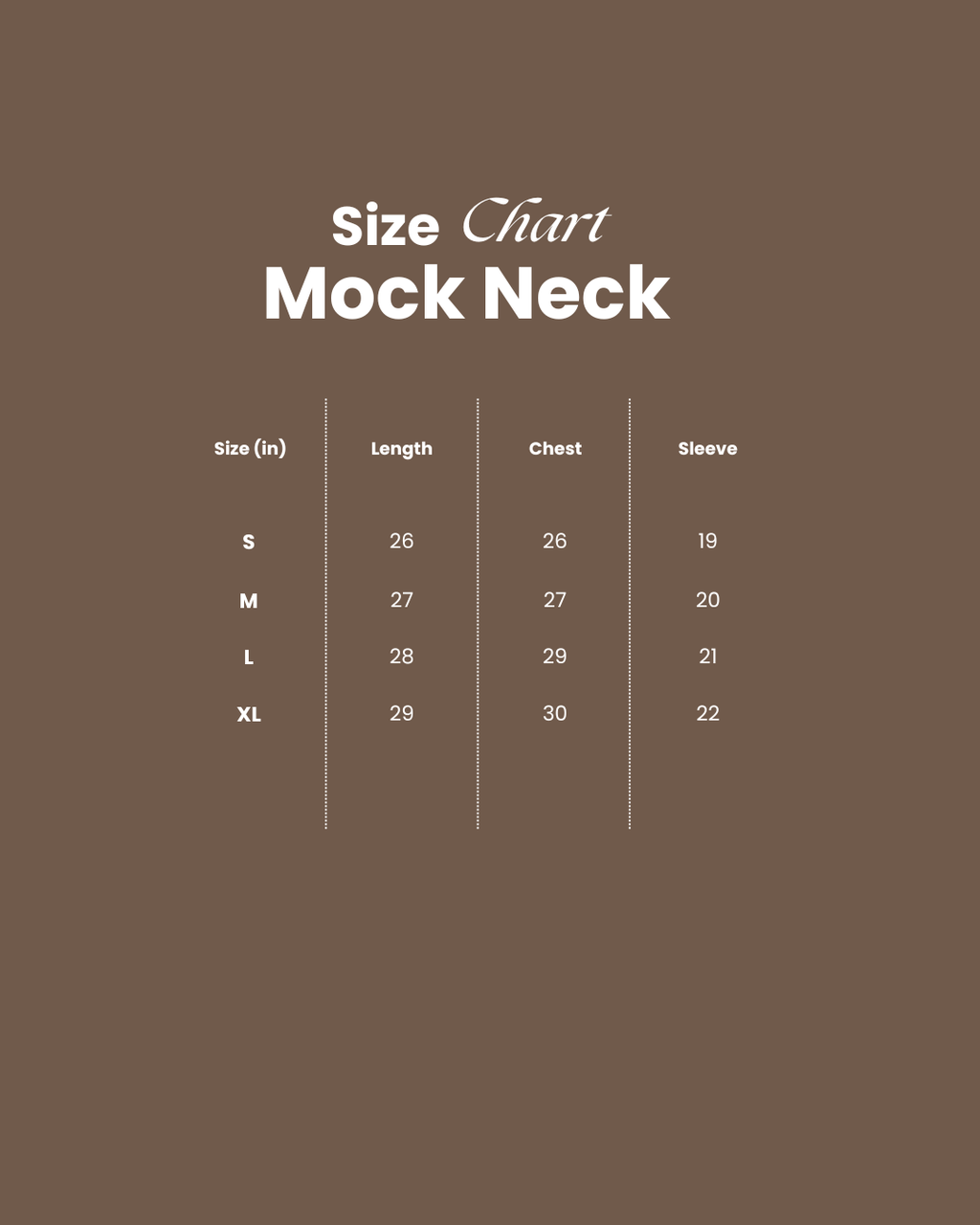 A size chart mockup with a brown background and white text reading 'Size Chart Mock Neck,' listing measurements for S, M, L, and XL neck sizes in a table format.