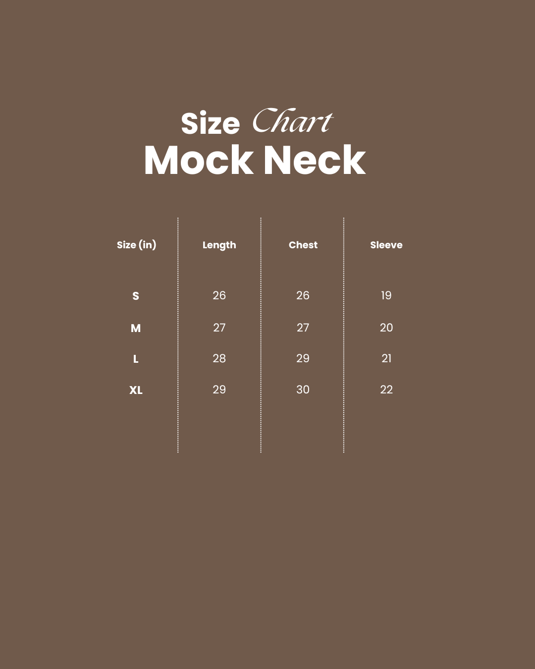 A size chart mockup with a brown background and white text reading 'Size Chart Mock Neck,' listing measurements for S, M, L, and XL neck sizes in a table format.